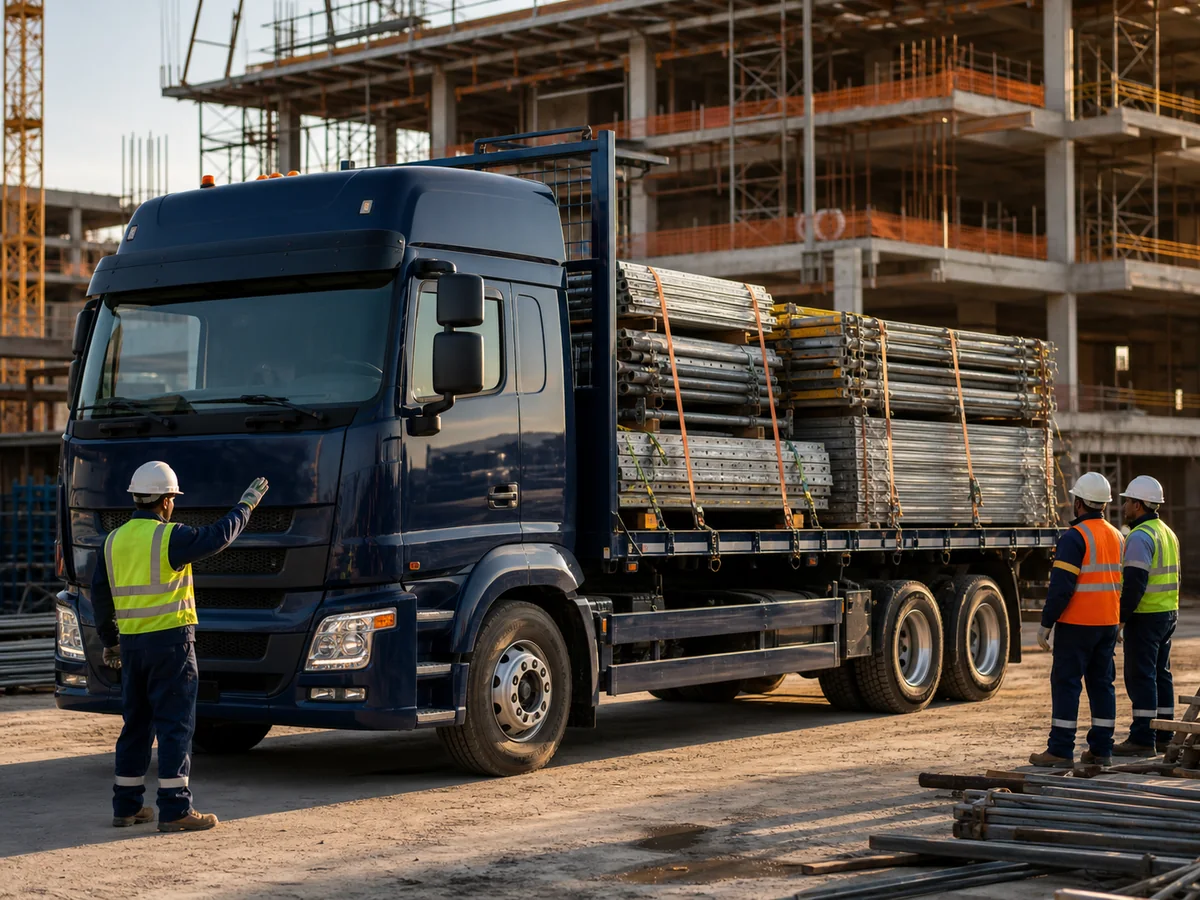 Heavy flatbed truck transporting construction materials